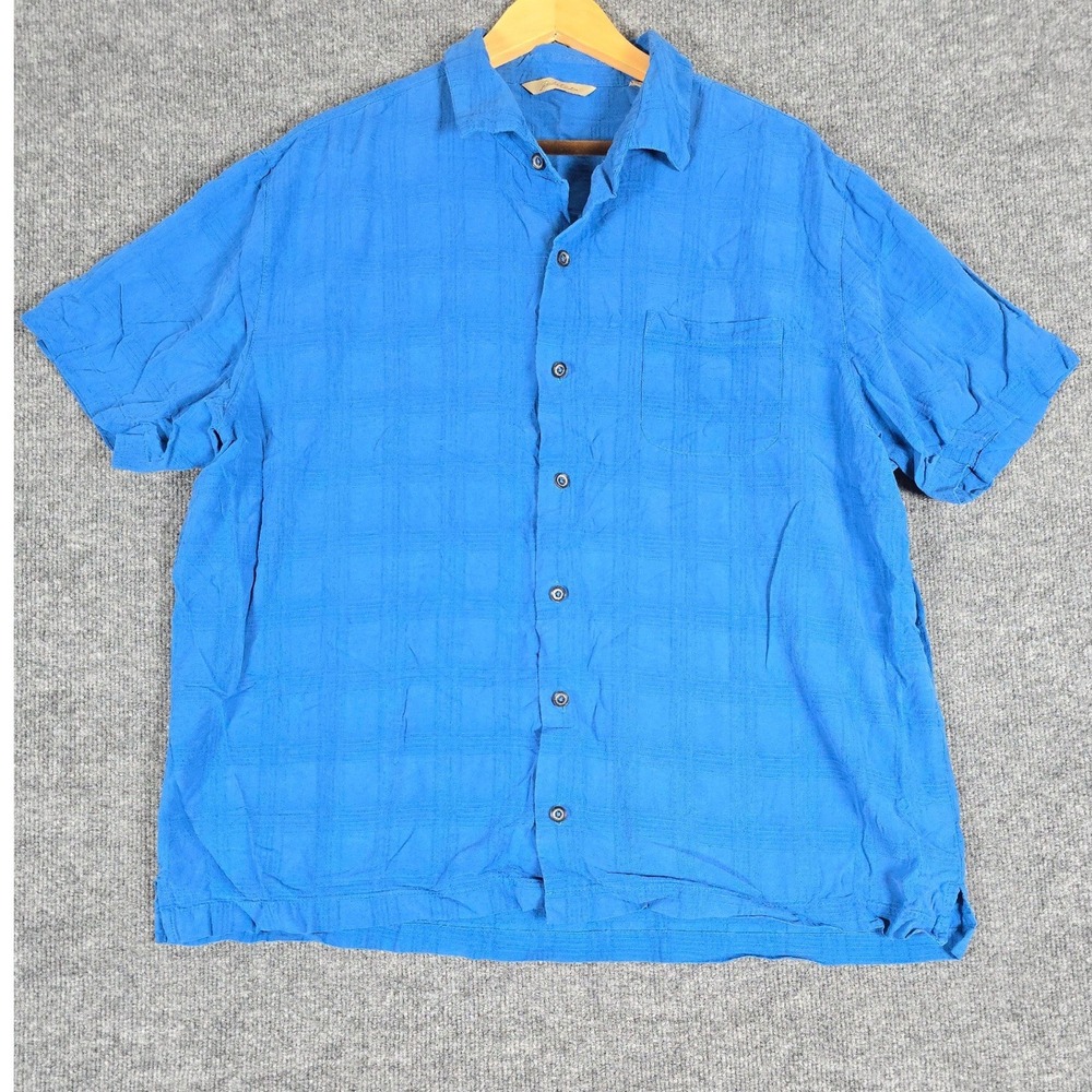 Paradise Collection Mens Blue Textured Plaid Short Sleeve Shirt XXL 100%‎ Silk